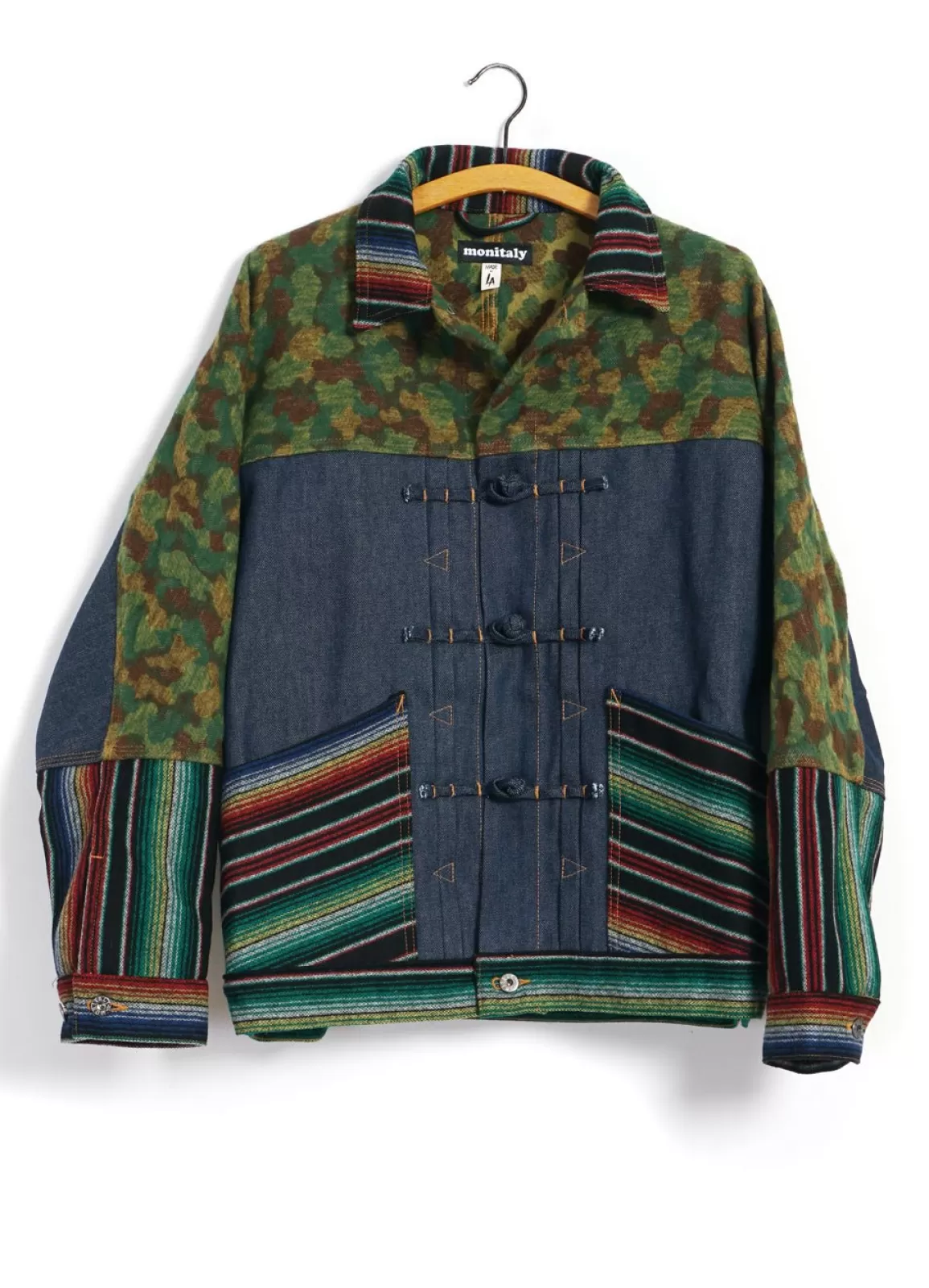 Flash Sale Triple Fabric Jacket | Asian Knot Denim Jacket | Jacquard Camo/Wool Flannel Sarape/Indigo Denim Jacket & Coats